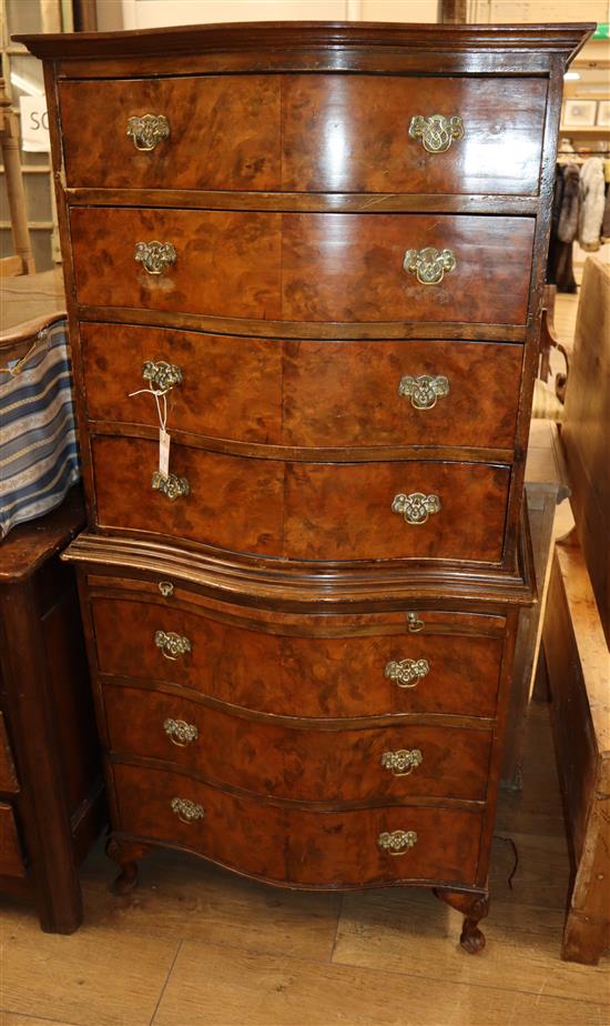 A George III style burr walnut serpentine fronted tallboy W.73.5cm